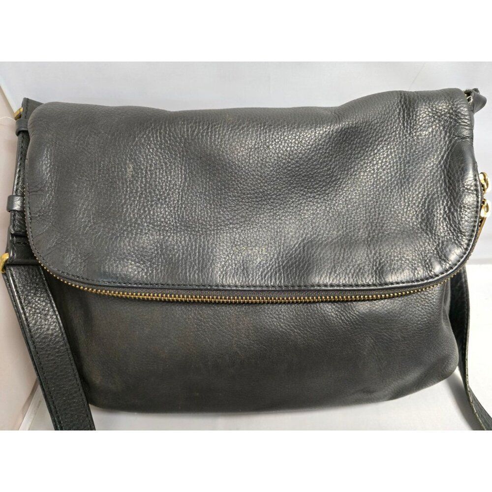 Distressed Black Leather Crossbody Messenger Bag Adjustable Strap Gold Hardware